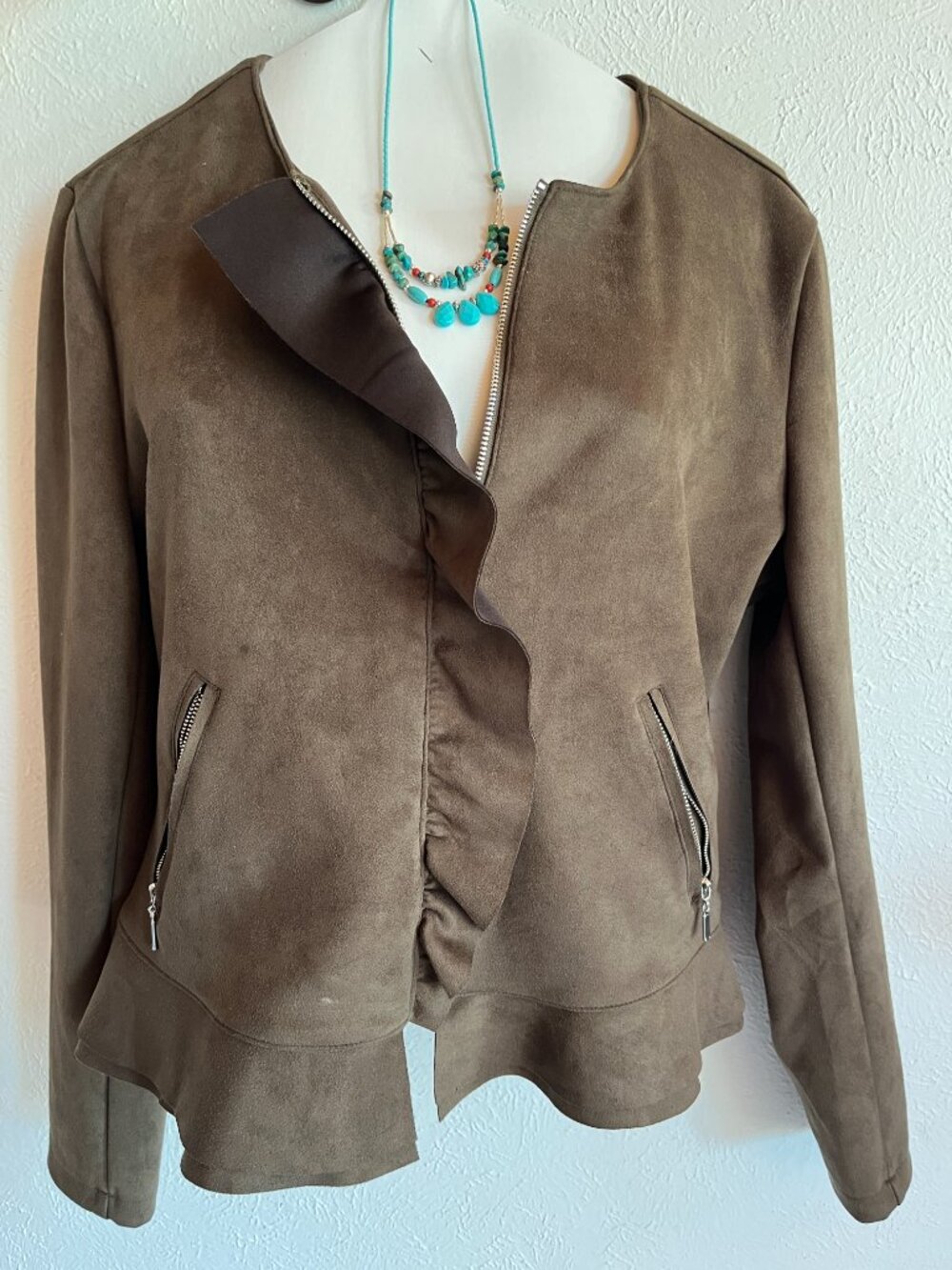 Westport Olive Ruffle-Trim Zip Front Jacket